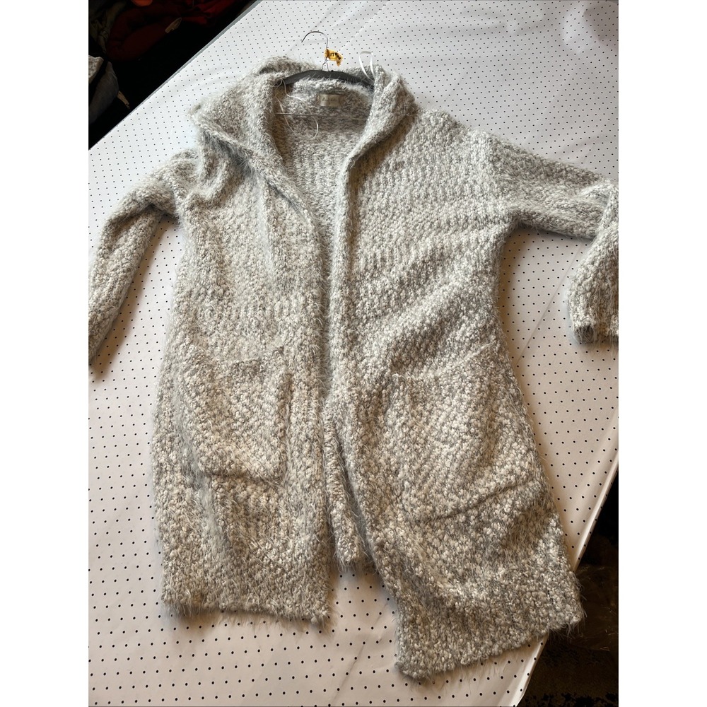 Soft Cozy Bouclé Hooded Open Cardigan Sweater Gray Small Lounge Layer - Picture 3 of 11